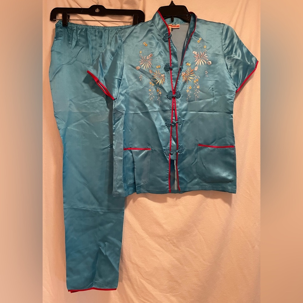 Vintage Teal 100% Silk Pajama Set with Red Trim